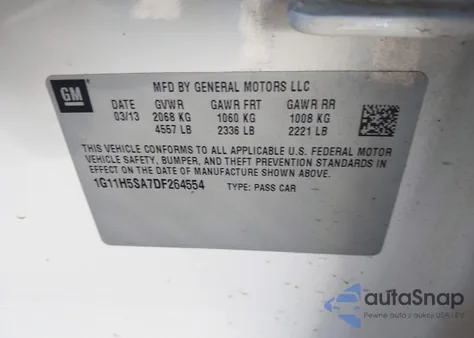 2013 Chevrolet Malibu 1Lz from USA, damaged, VIN 1G11H5SA7DF264554